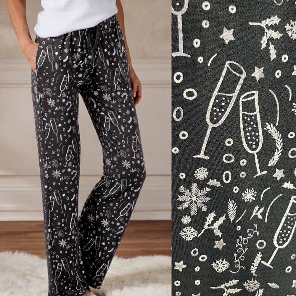 Soft Surroundings Get Toasty PJ Pants Champagne Winter holiday Size L celebratio